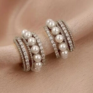 Anthropologie Silver Crystal Pearl Hoop Earrings